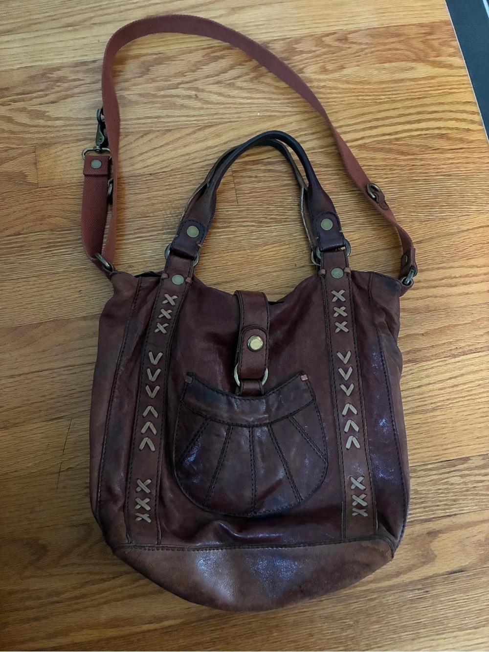 Lucky Brand Rustic Brown Leather Hobo with Front Pocket and Cross-Stitch Trim